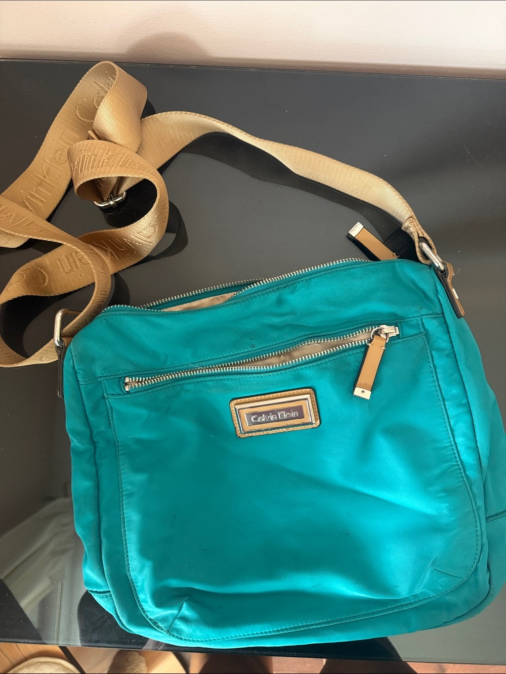 Calvin Klein Teal Crossbody with Tan Strap and Gold Accents
